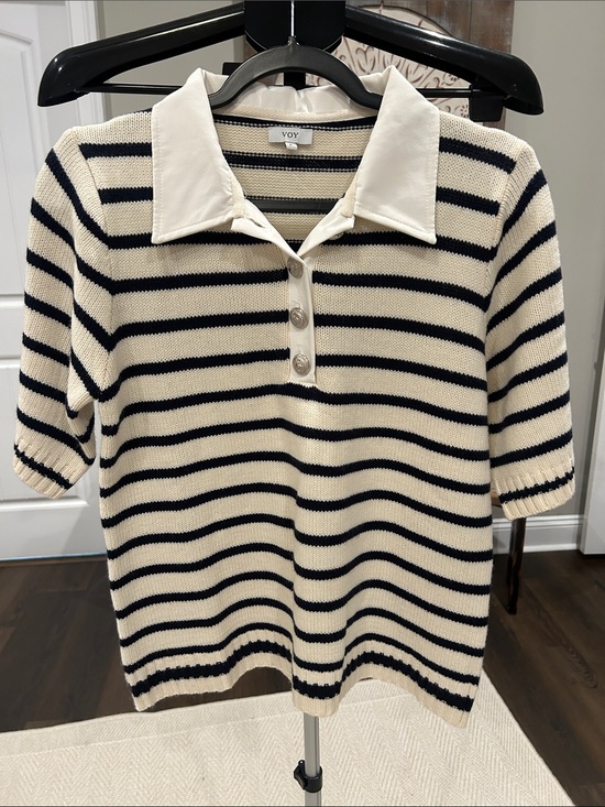 Voy Tops - VOY Cream & Navy Striped Polo Knit Top with snazzy buttons!